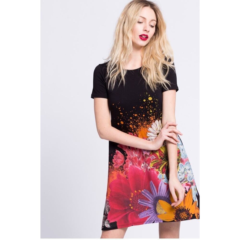 Desigual Mc Luka‎ Short Sleeve Dress Floral Black Women’s Size Medium